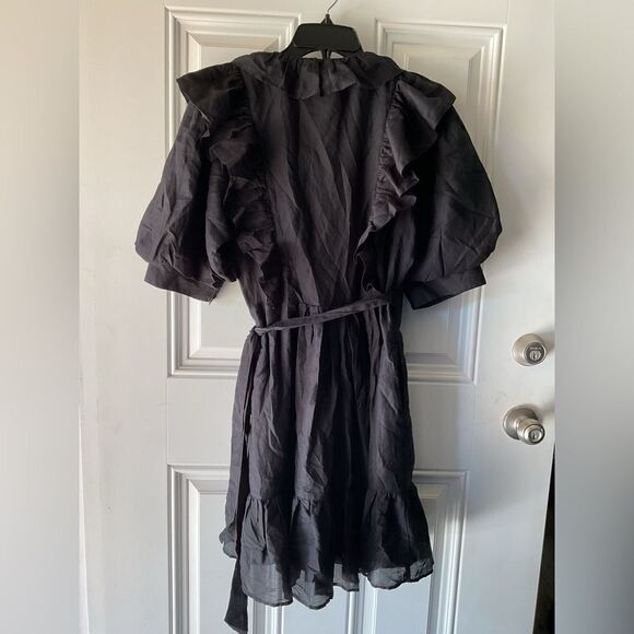 Magali Pascal Maggie Black Silk Blend Ruffled V-Neck Tie Waist Mini Dress Size 8 - Picture 3 of 8